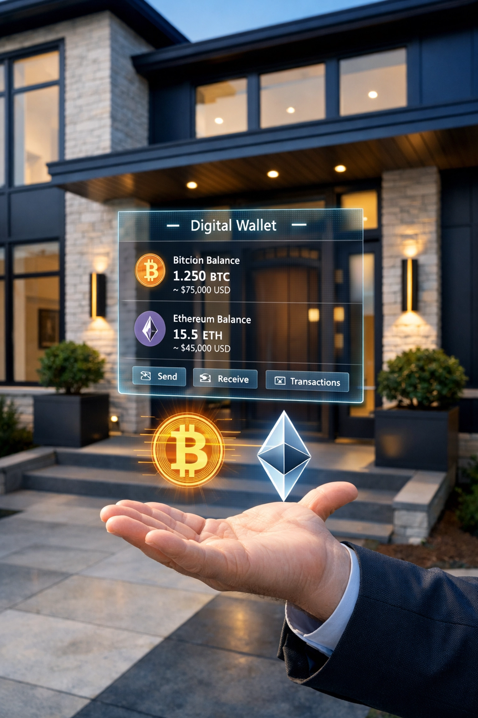 Luxury home purchase with Bitcoin and cryptocurrency digital wallet for direct property transactions