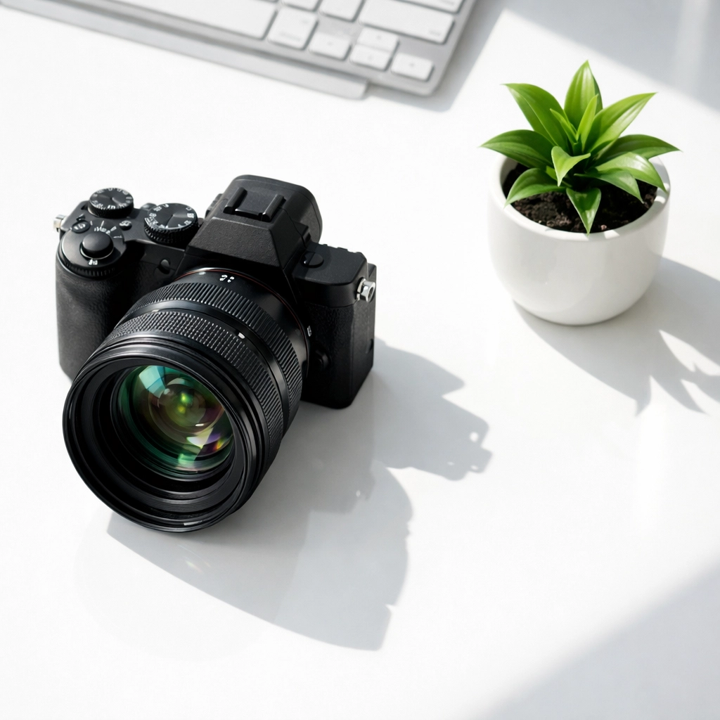 Professional camera on a clean white desk representing high-quality image optimization for faster websites.