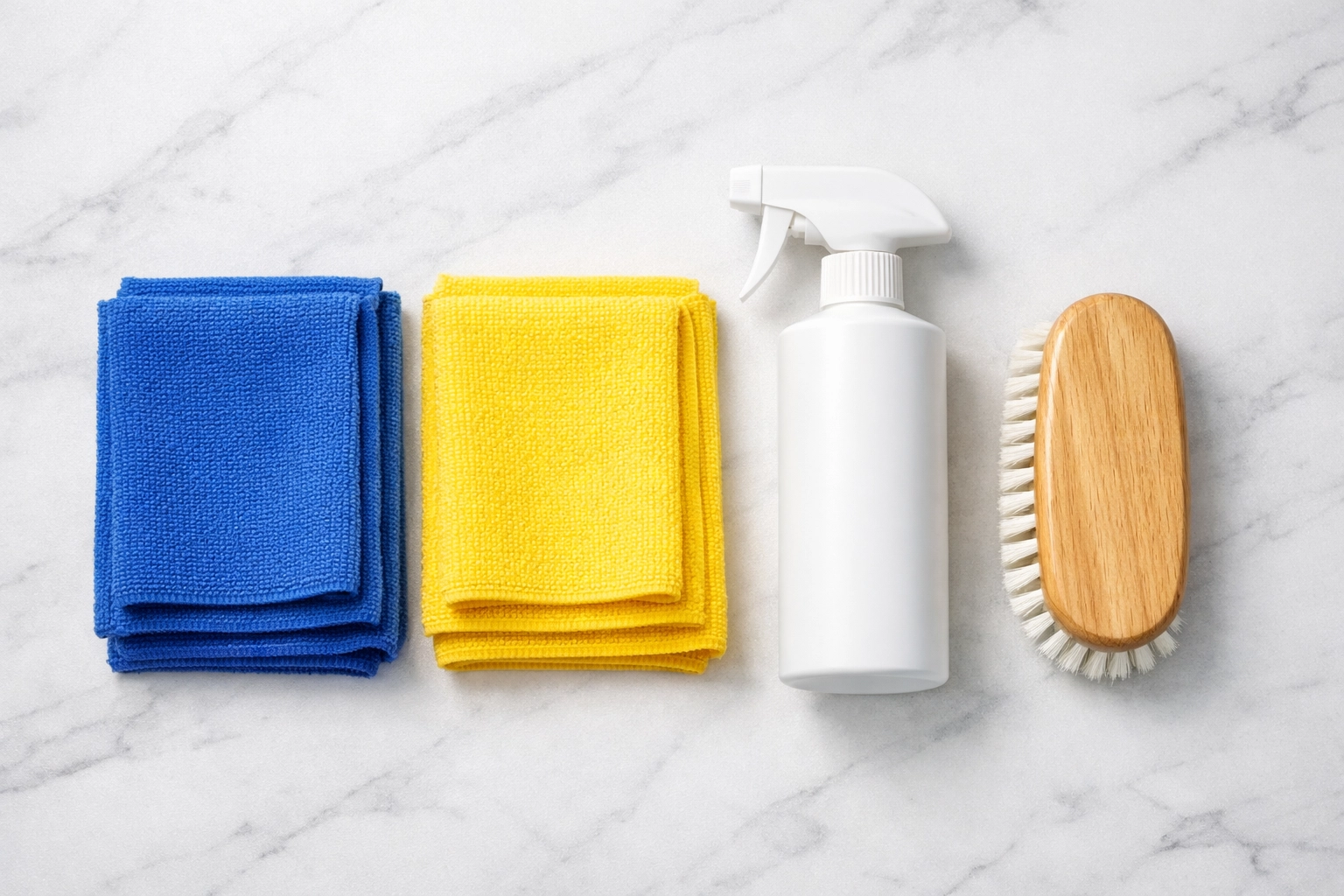 Essential tools for a spring cleaning checklist including microfiber cloths and a scrub brush on marble.