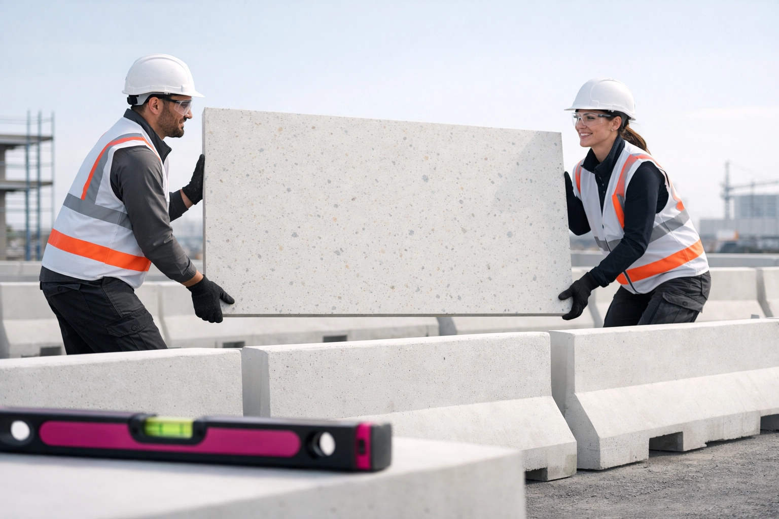 Construction workers installing a large 100% recycled plastic road barrier panel at an Australian site.