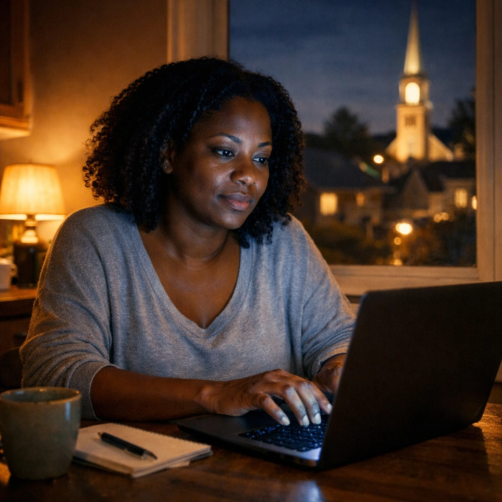 Woman searching online for local church programs and community resources late at night
