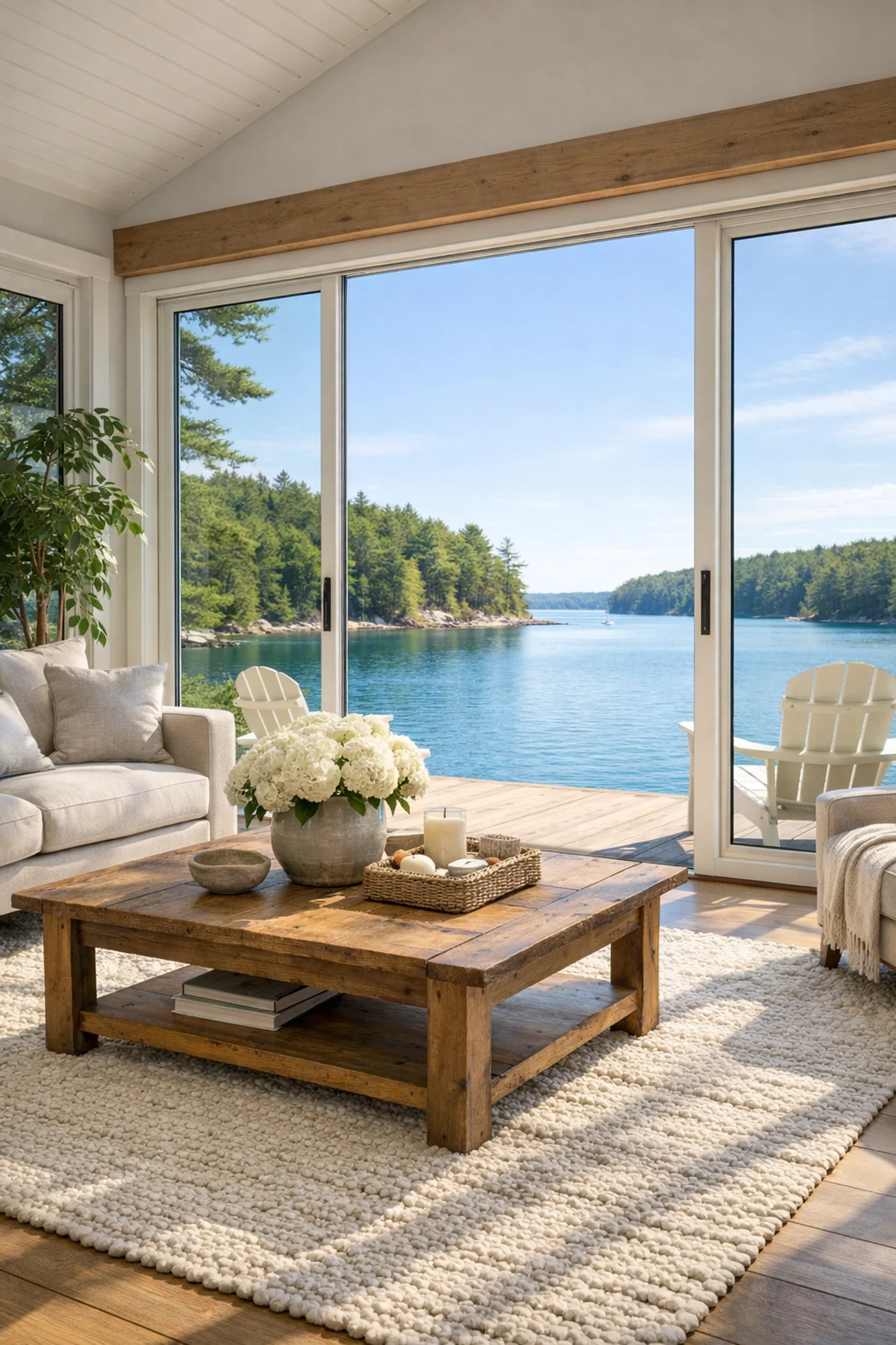 Sunroom with professional HDR photography showing clear views of the Bay of Quinte without window glare.