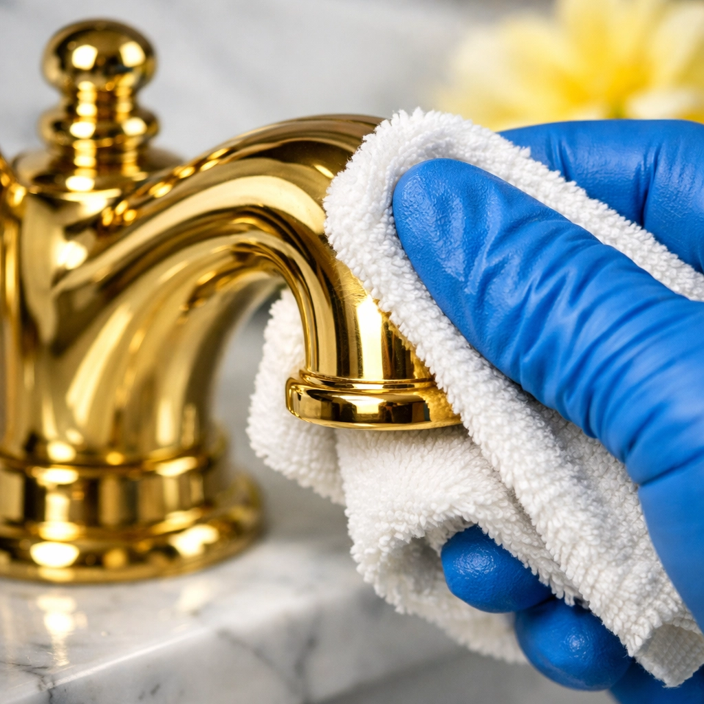 Detail-oriented luxury house cleaning in Winchester featuring hand-polished brass bathroom fixtures.
