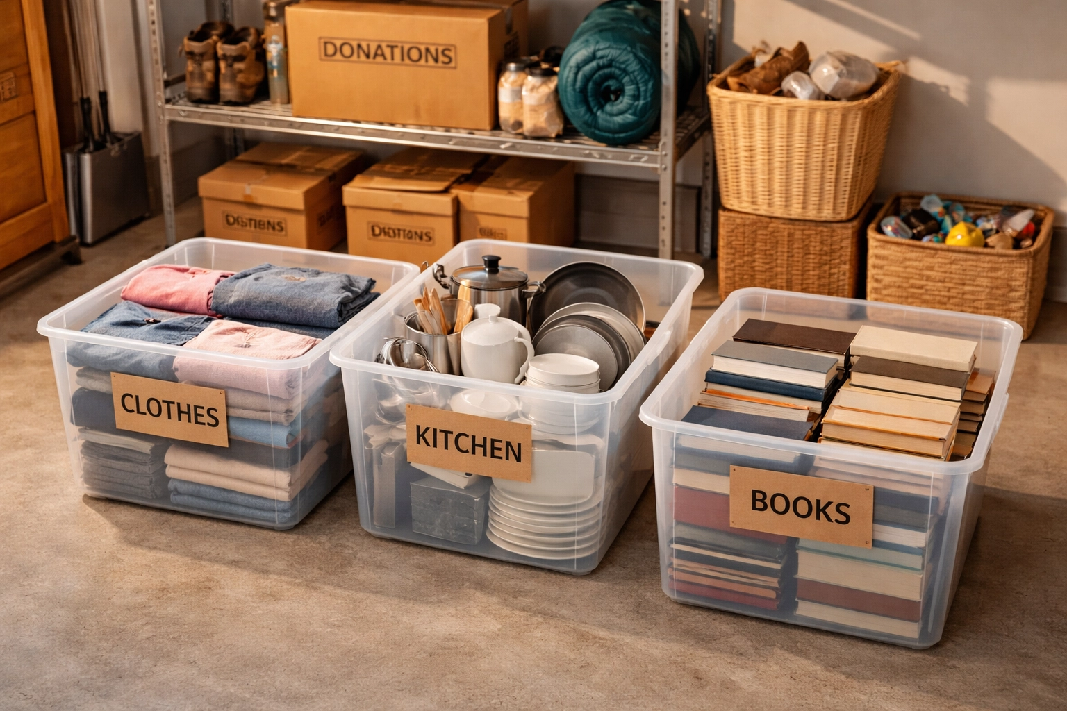Organized donation boxes filled with clothes, books, and kitchenware in a garage, highlighting community-focused home cleanout services in Columbus, Ohio