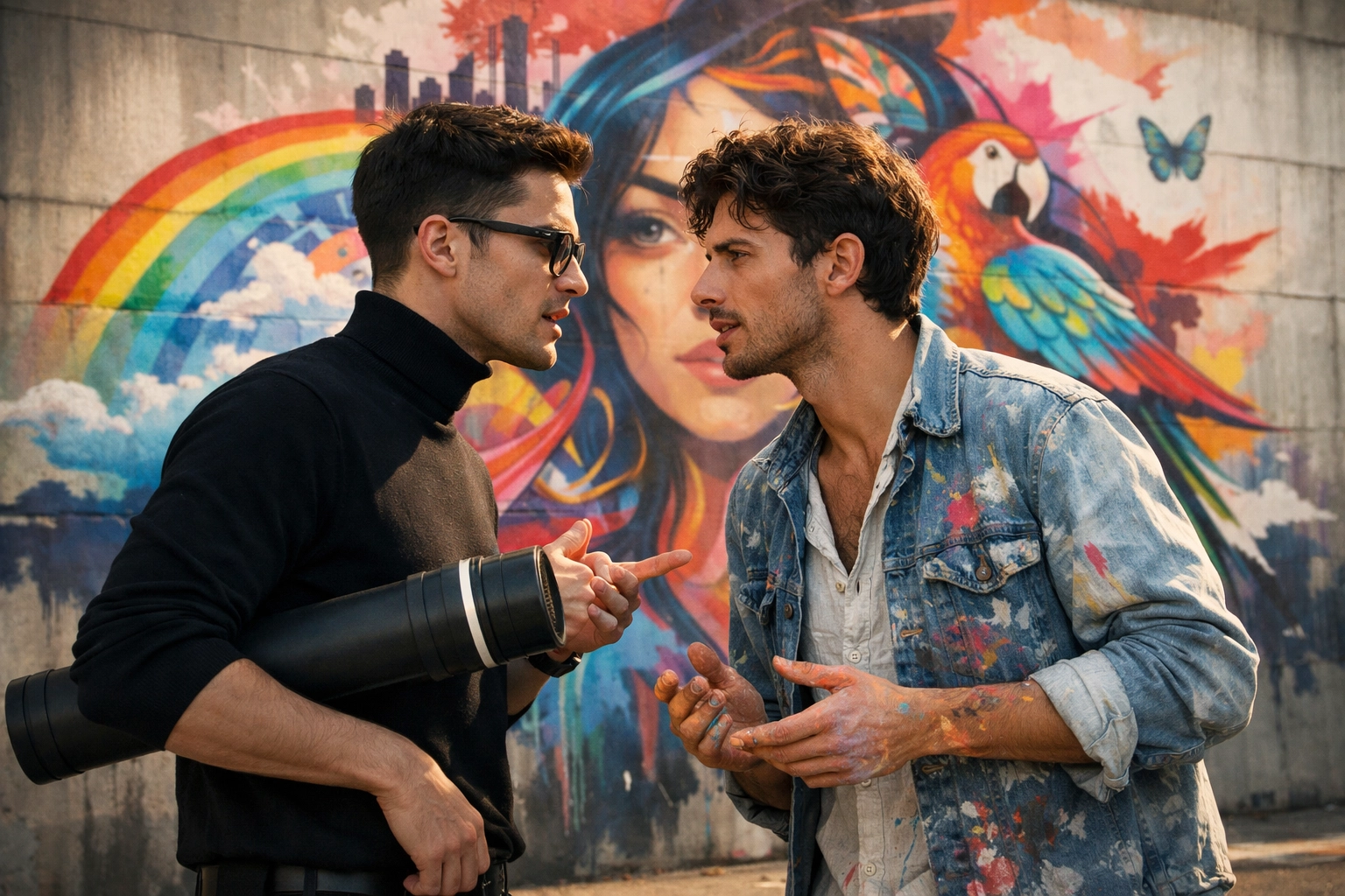 Architect and artist characters from an MM romance story by a vibrant Curitiba mural.