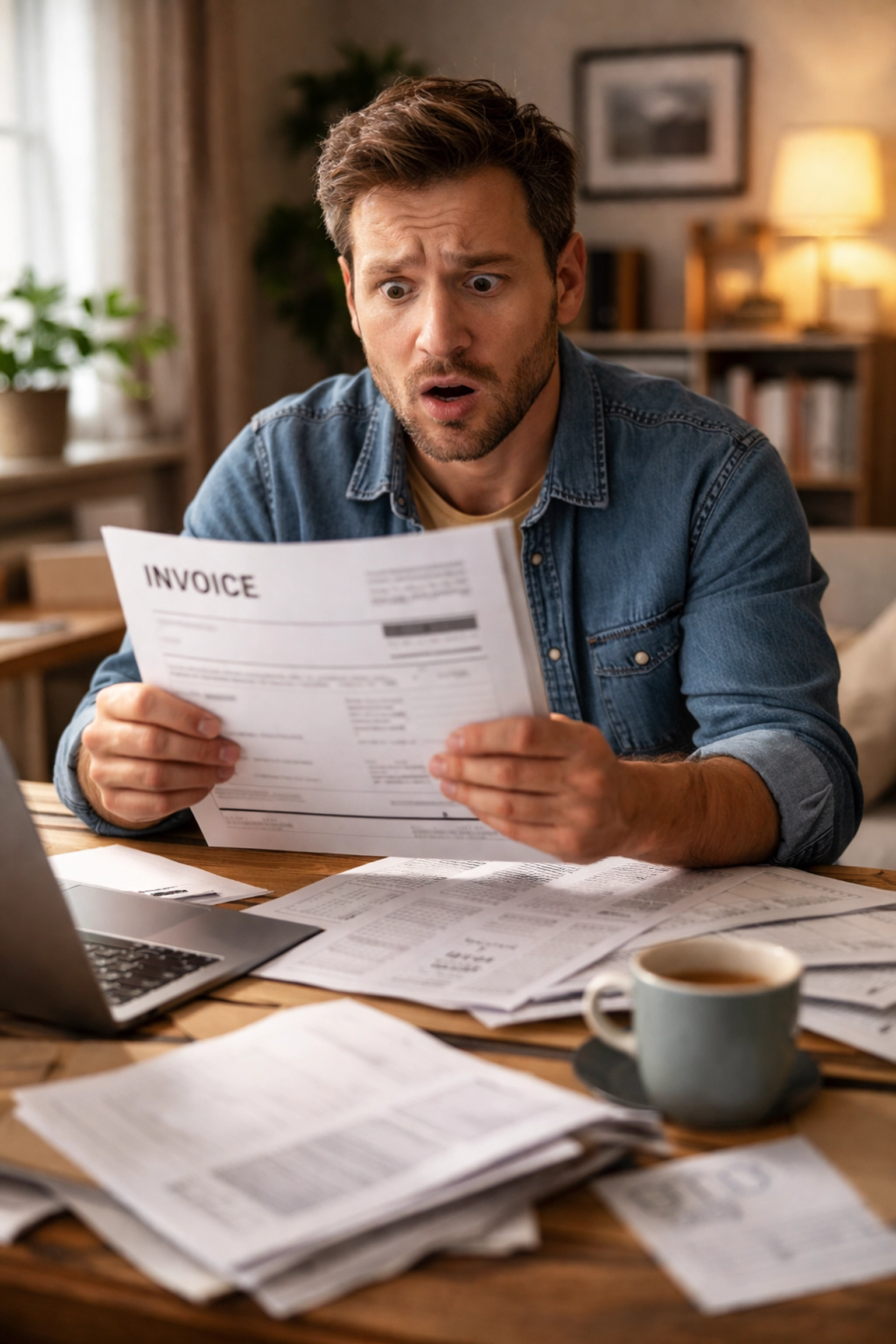 Small business owner shocked by a surprise accounting bill at their desk