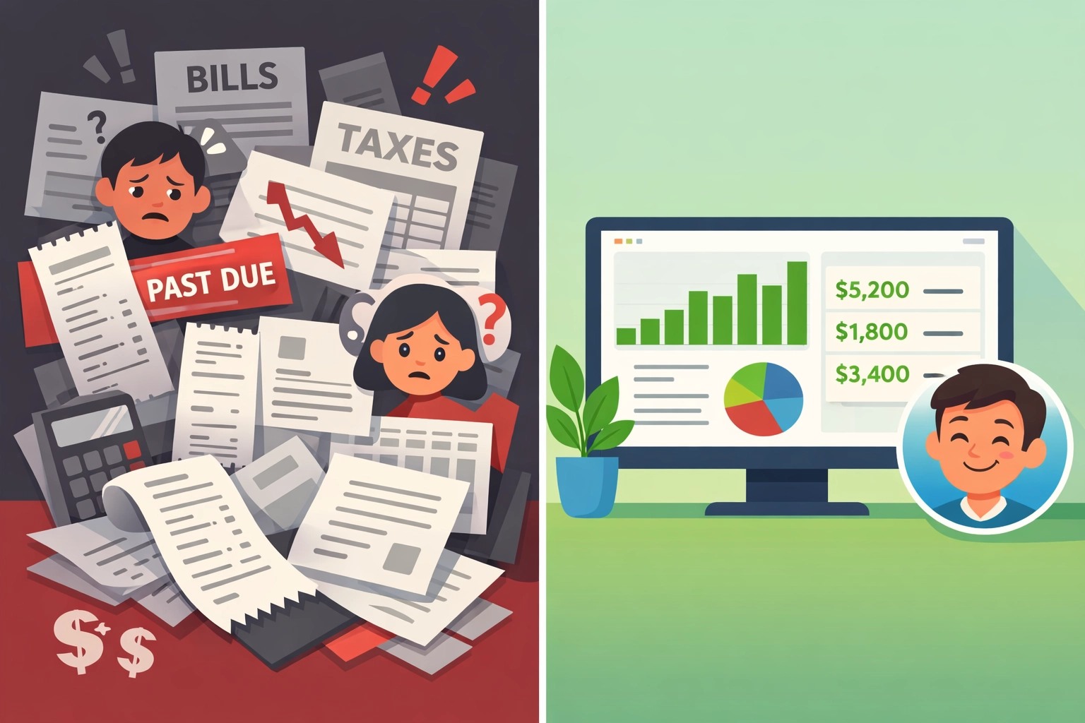 Comparison of disorganized bookkeeping vs organized invoicing software for contractors