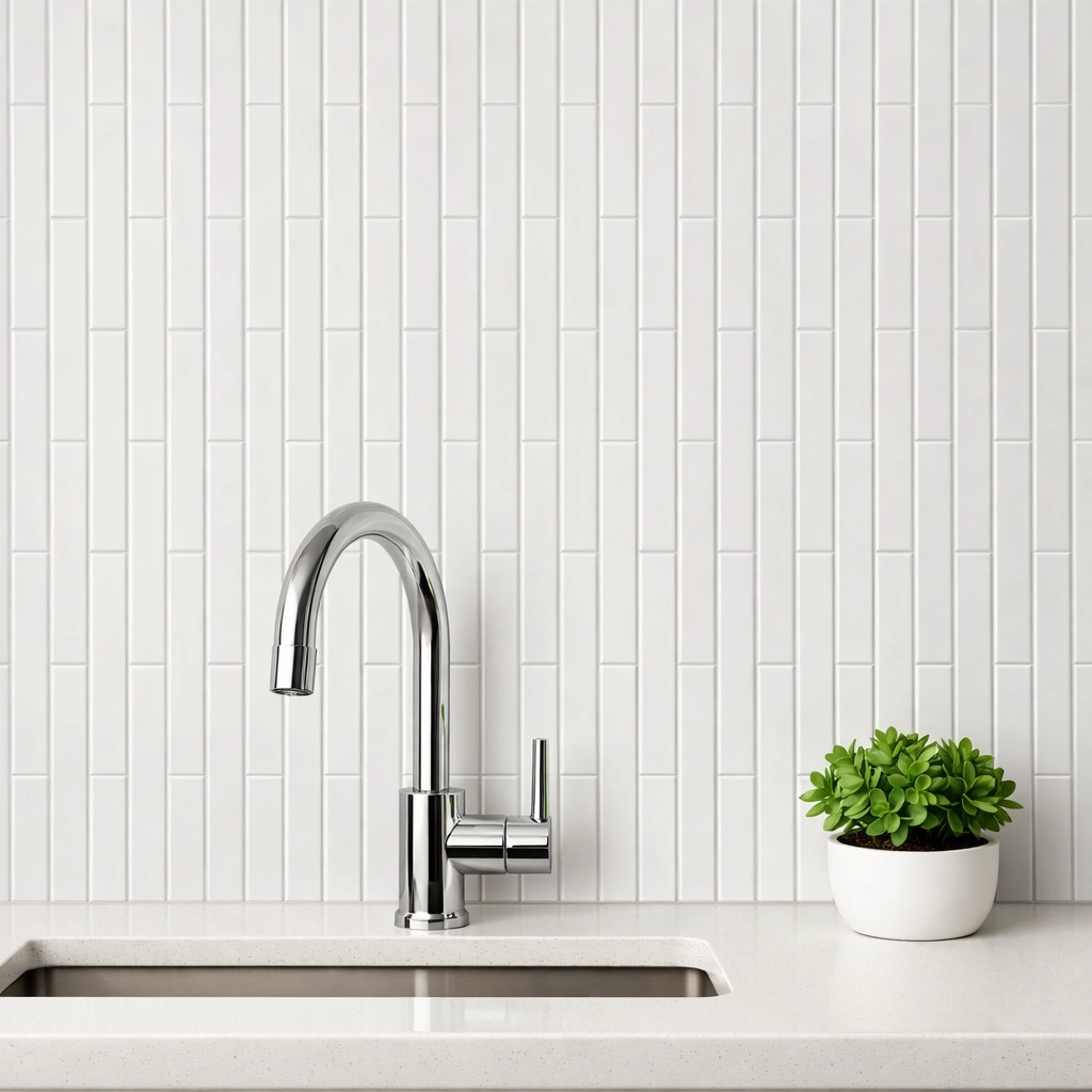 Modern Orlando kitchen backsplash featuring white rectangular tiles in a vertical stacked bond pattern.