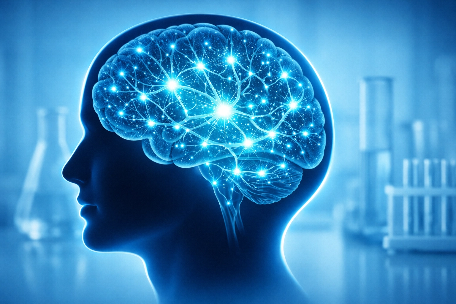 Illuminated neural pathways in a human brain representing Semax-induced neuroplasticity and cognitive performance.