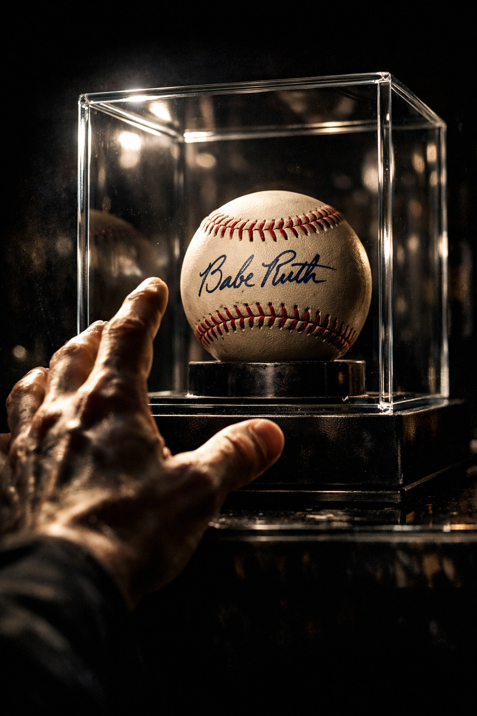 A collector reaching for an authentic signed sports item in a glass display case representing a major win.