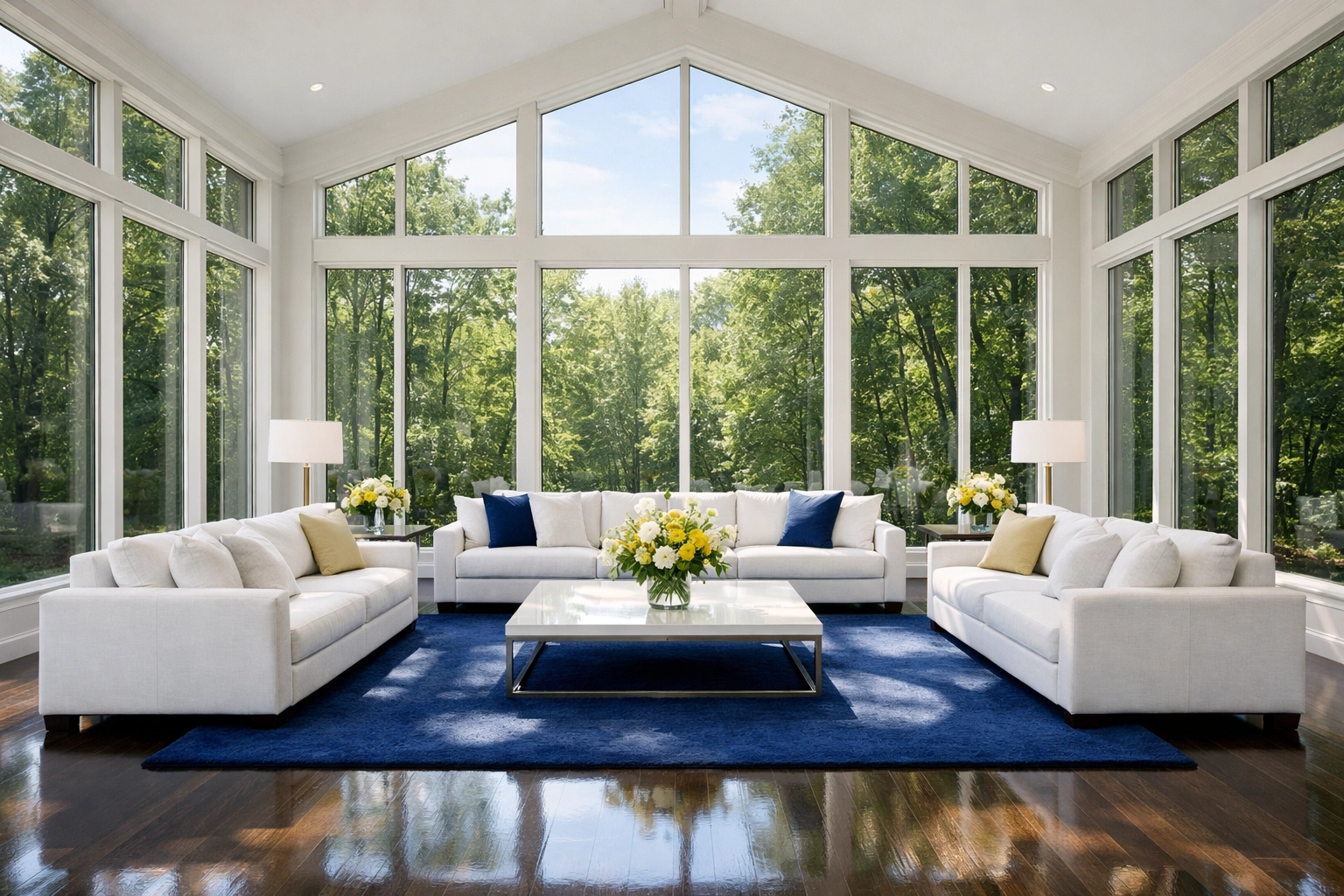 A spotless Boxford living room overlooking woods after elite bi weekly house cleaning.