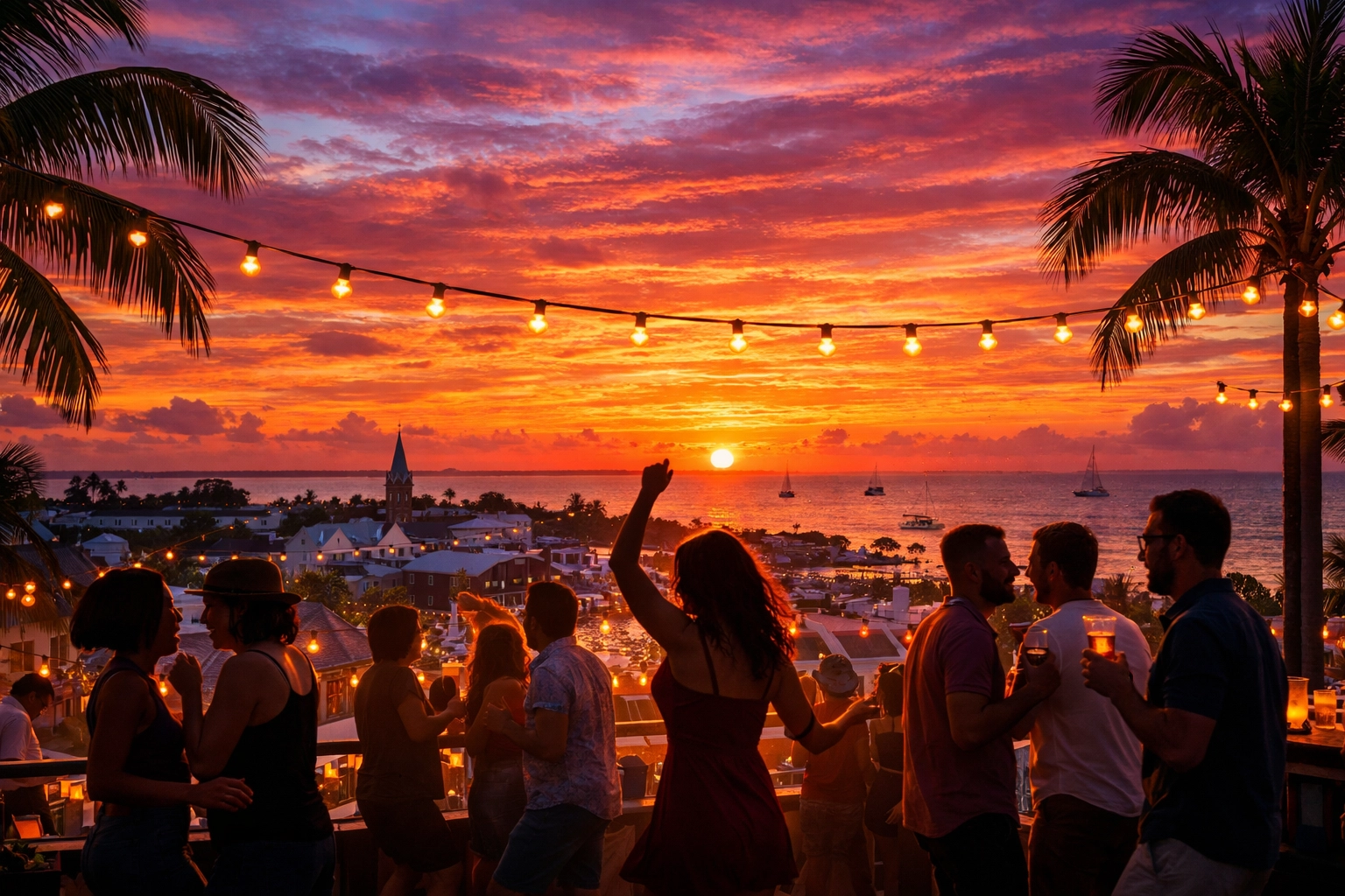 Sunset rooftop bar scene on Duval Street in Key West with ocean views