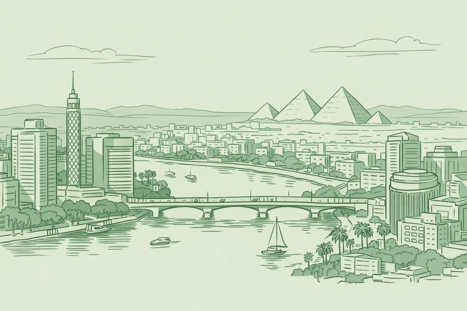 Modern Cairo skyline with ancient pyramids backdrop for MM romance Cairo Nights setting