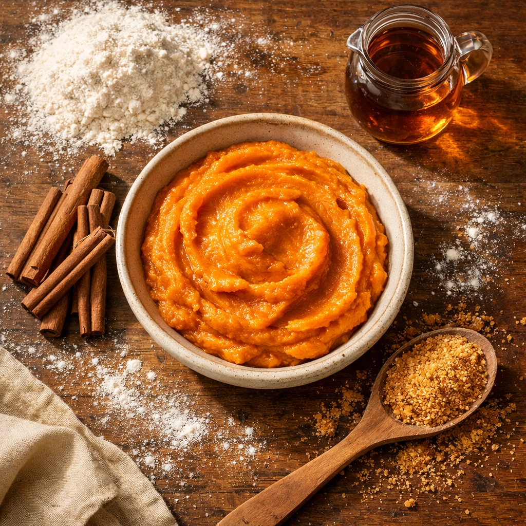 Healthy gluten-free baking ingredients featuring sweet potato puree, cinnamon sticks, and flour on a rustic counter.