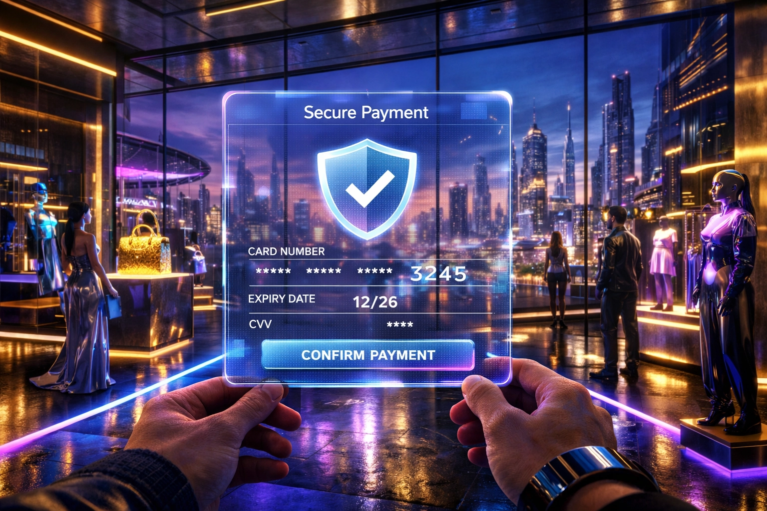 Secure Larecoin payment interface for buying digital assets in a luxury B2B2C metaverse store.