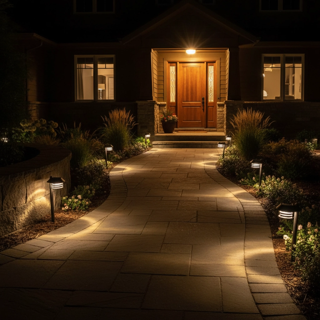 Photo of a long pathway to a home's from door. The pathway is softly lit by solar pathway lighting, and the front porch light is on. You can see the inside lighting is on in the home through the front window. Safe at Home: Easy Security Upgrades for Women