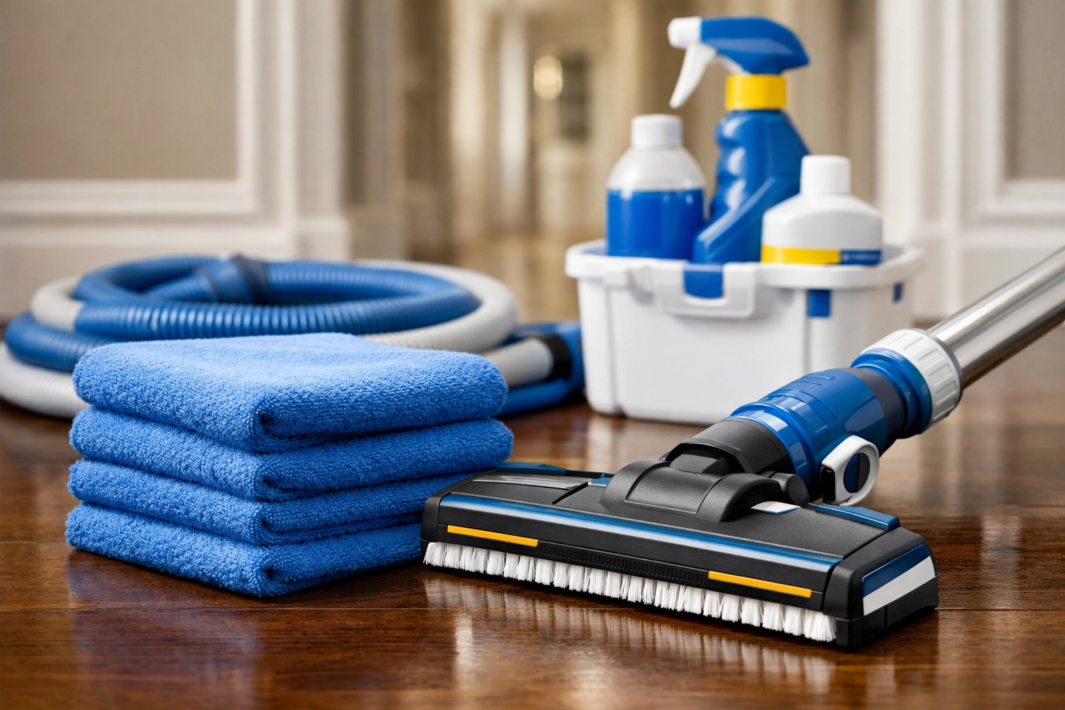 High-grade maid service Worcester equipment and sanitized microfiber cloths on hardwood.
