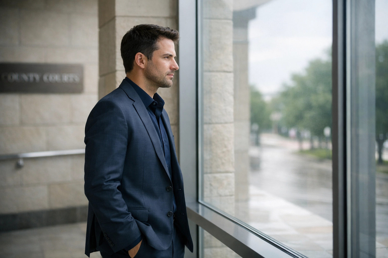 Professional man in a Collin County legal building contemplating the conflict between probation and divorce orders.
