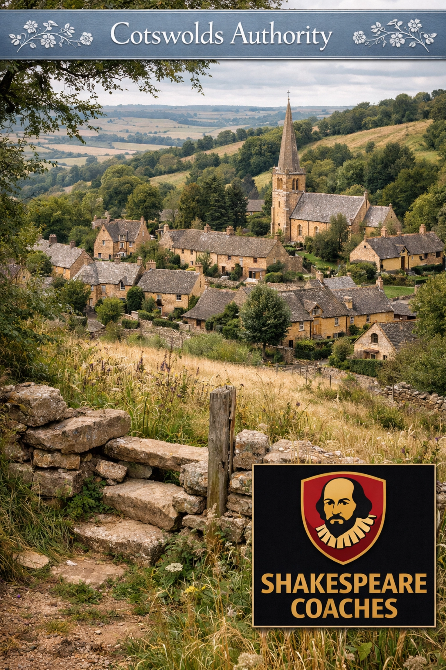Elevated view of honey-coloured stone cottages and the church spire in Snowshill village.