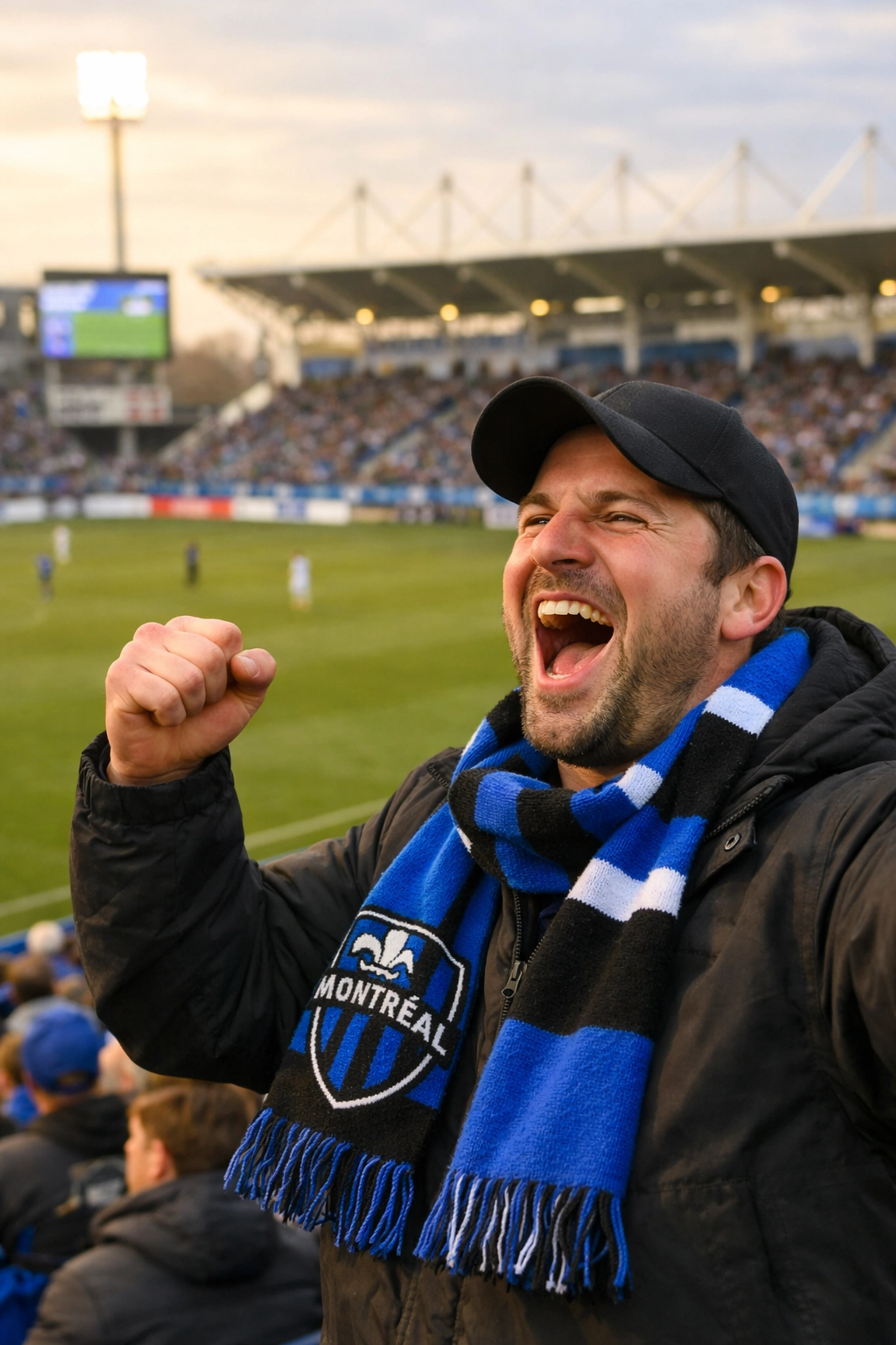 Enthusiastic CF Montréal soccer fan wearing a team scarf at Stade Saputo during an MLS match.