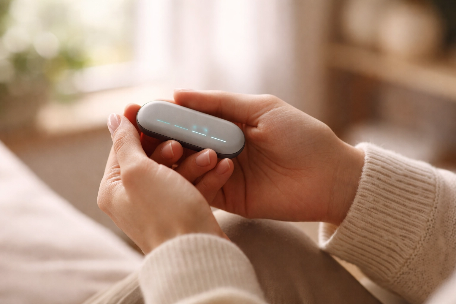 Hands hold a modern wearable device for sensory support, highlighting neurodiversity-inclusive technology.