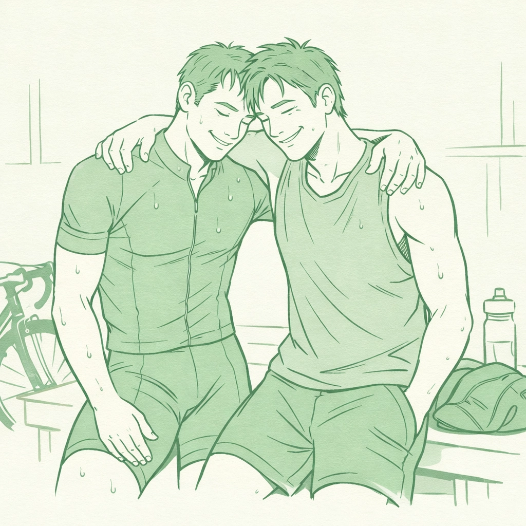 Two male athletes embrace after training session, emotional MM sports romance connection