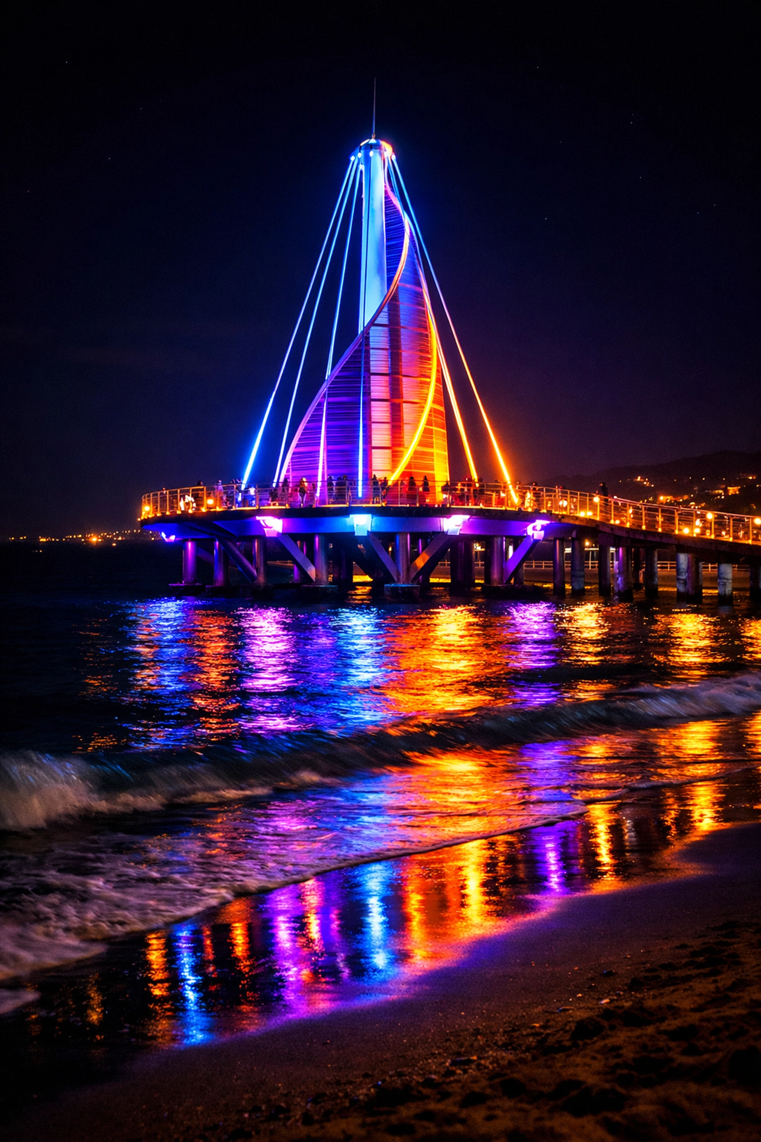 The illuminated Los Muertos Pier at night, a romantic landmark in the heart of Old Town.