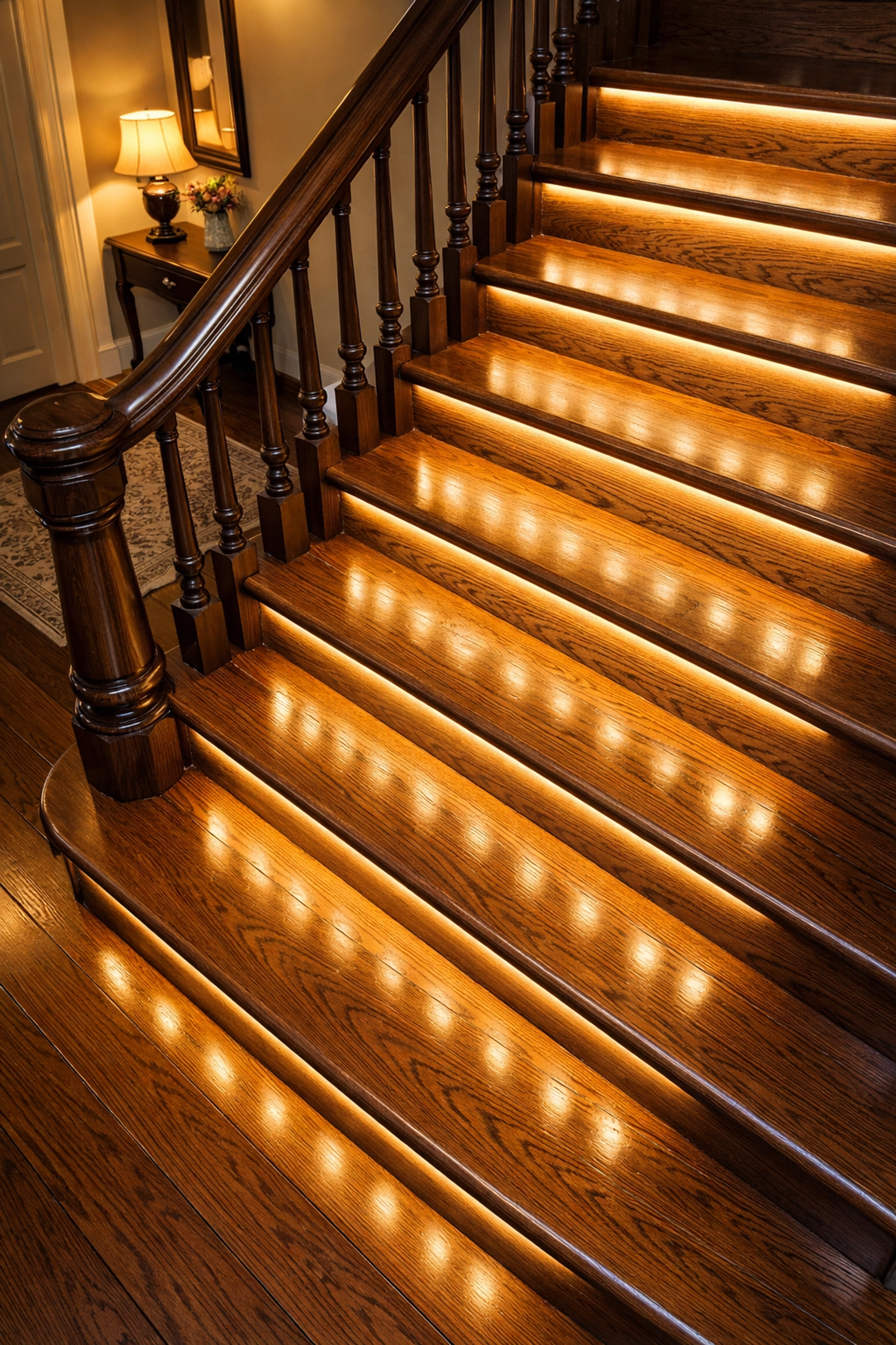Wooden indoor staircase with warm LED safety lighting under each step tread to prevent falls.