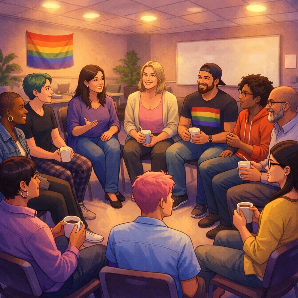 LGBTQ+ support group meeting in circle for sexual behavior recovery