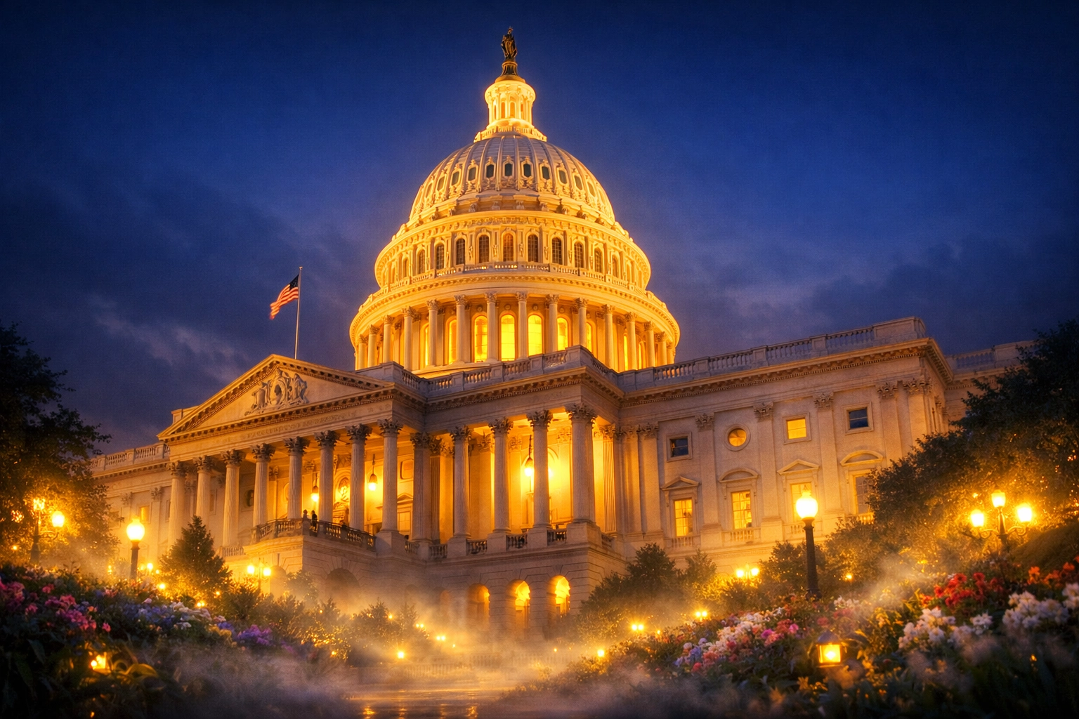 Illuminated white government dome at dusk, signifying a call for divine guidance and prayer for national leaders.