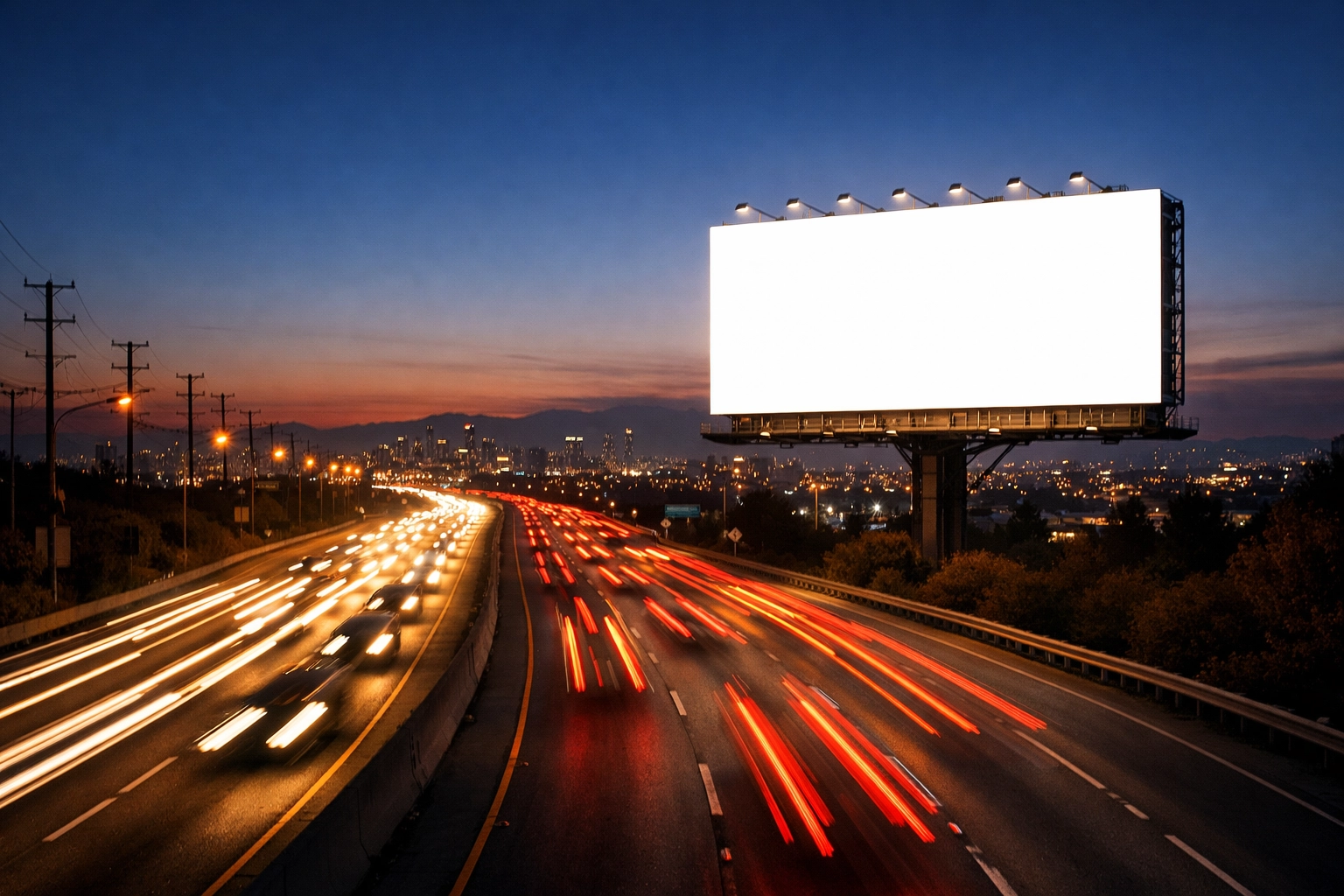 Illuminated highway billboard at dusk with traffic showing sustained OOH visibility during Super Bowl season