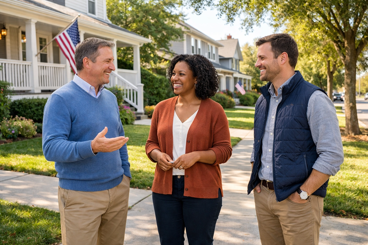 Everyday patriots engaging in a civil community discussion about leadership and unity in a neighborhood.