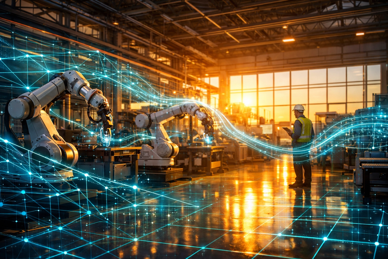 Vernetze Industriehalle zeigt die Synergie von Mensch und KI im deutschen Mittelstand der Zukunft.