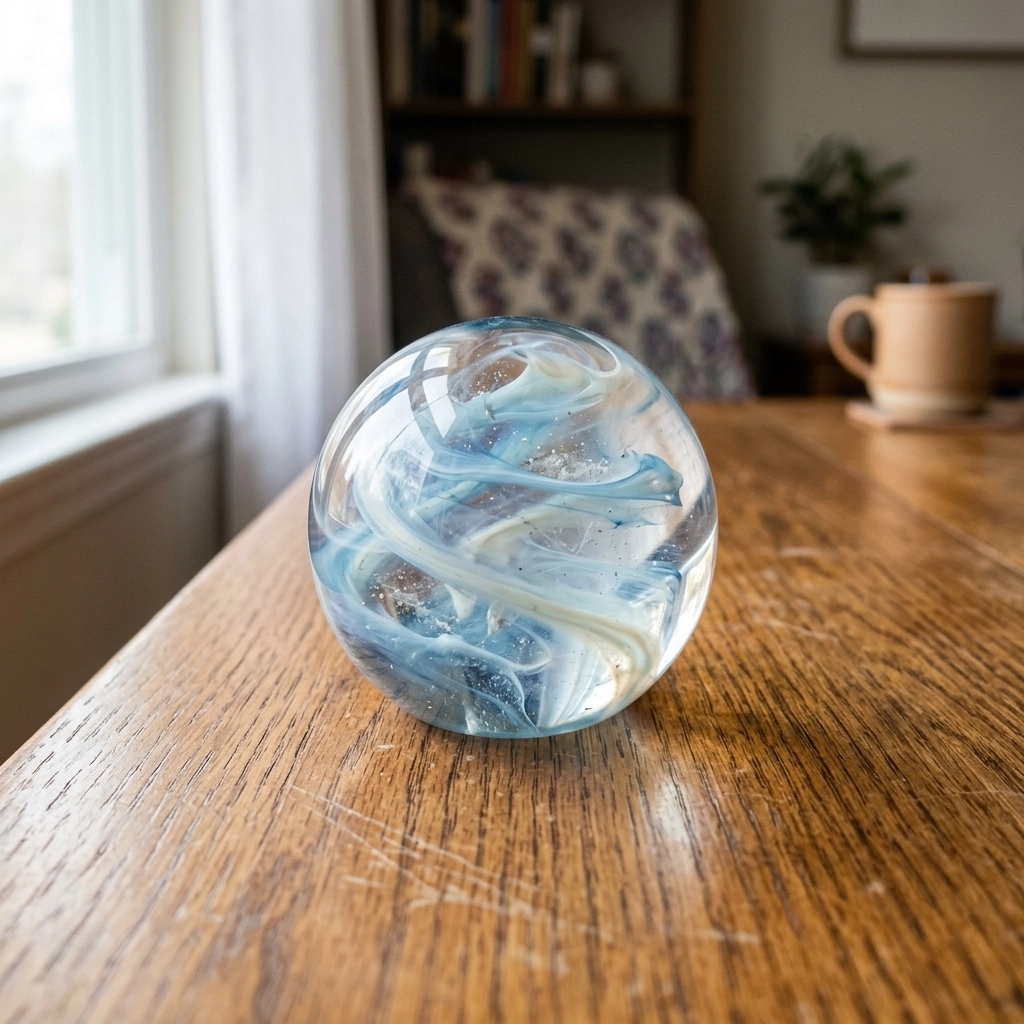A delicate glass memorial paperweight with ethereal textures, catching the soft morning light.