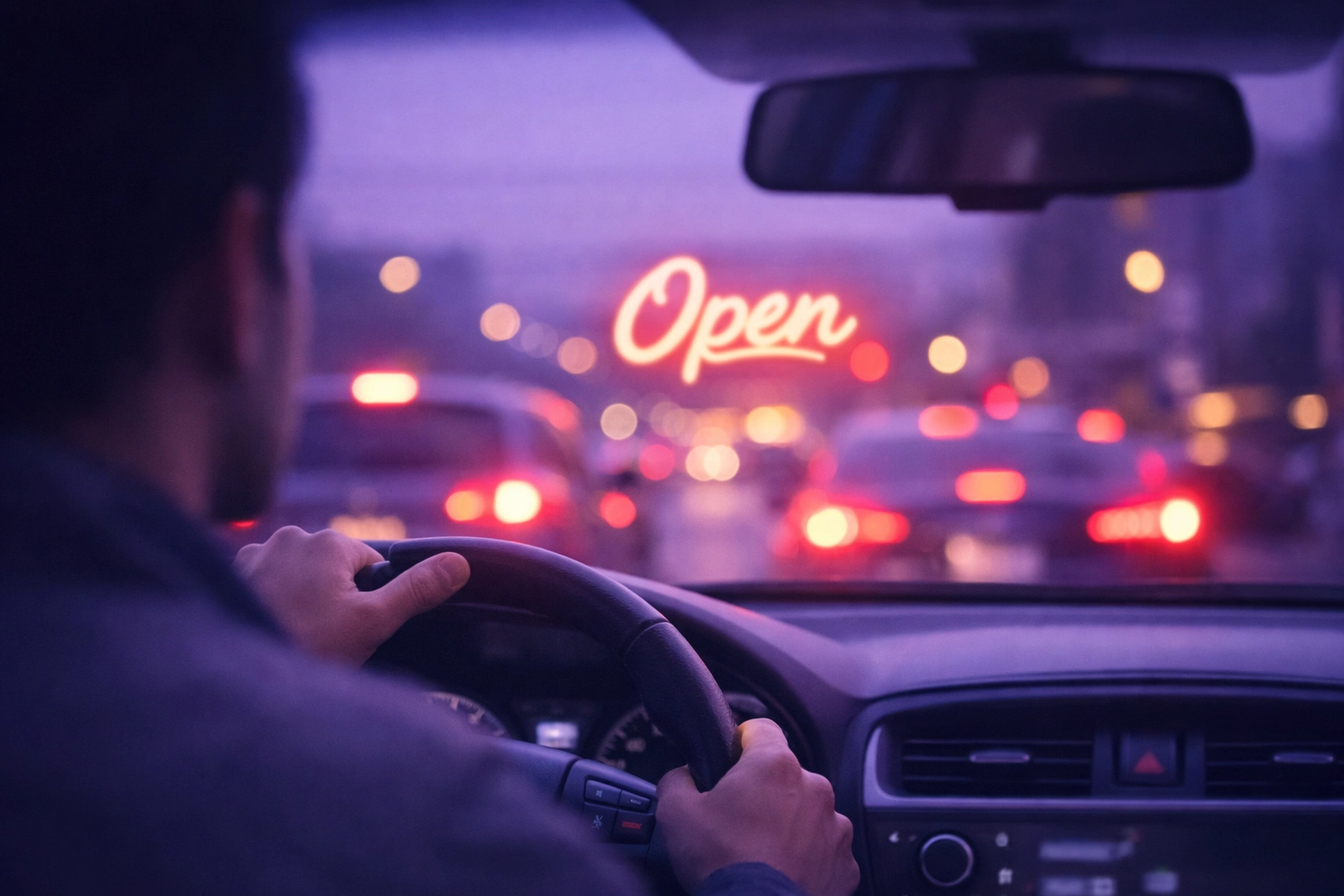 Frustrated driver in city traffic looking for a physical payday loan store storefront.