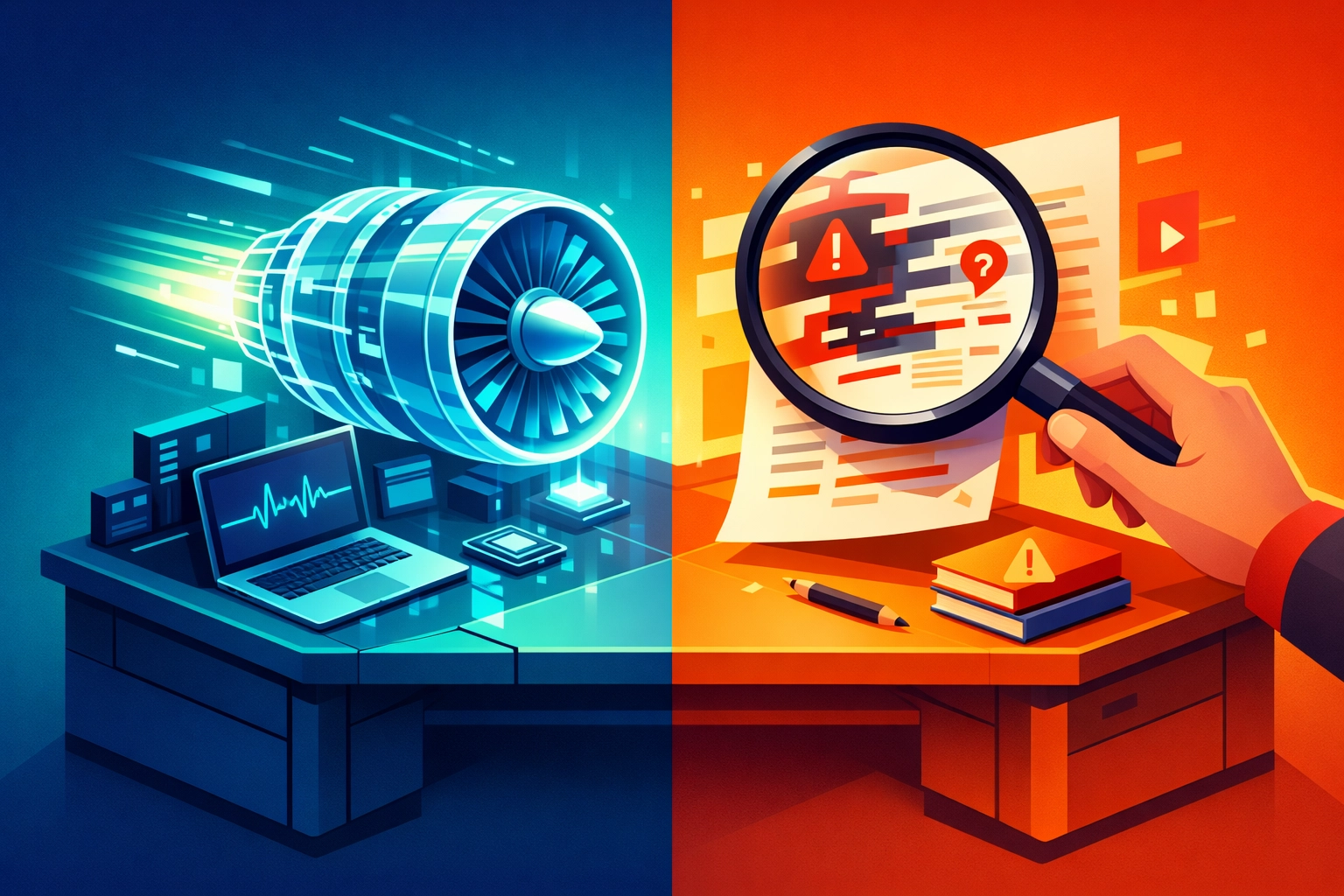 Digital marketing workbench showing AI efficiency balanced with human expertise and fact-checking.