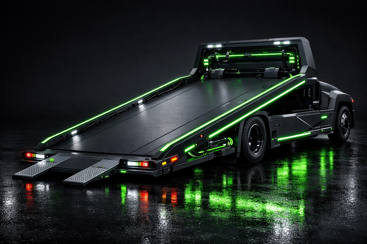 A professional flatbed towing truck ready for vehicle recovery services in the Mid-Missouri area.