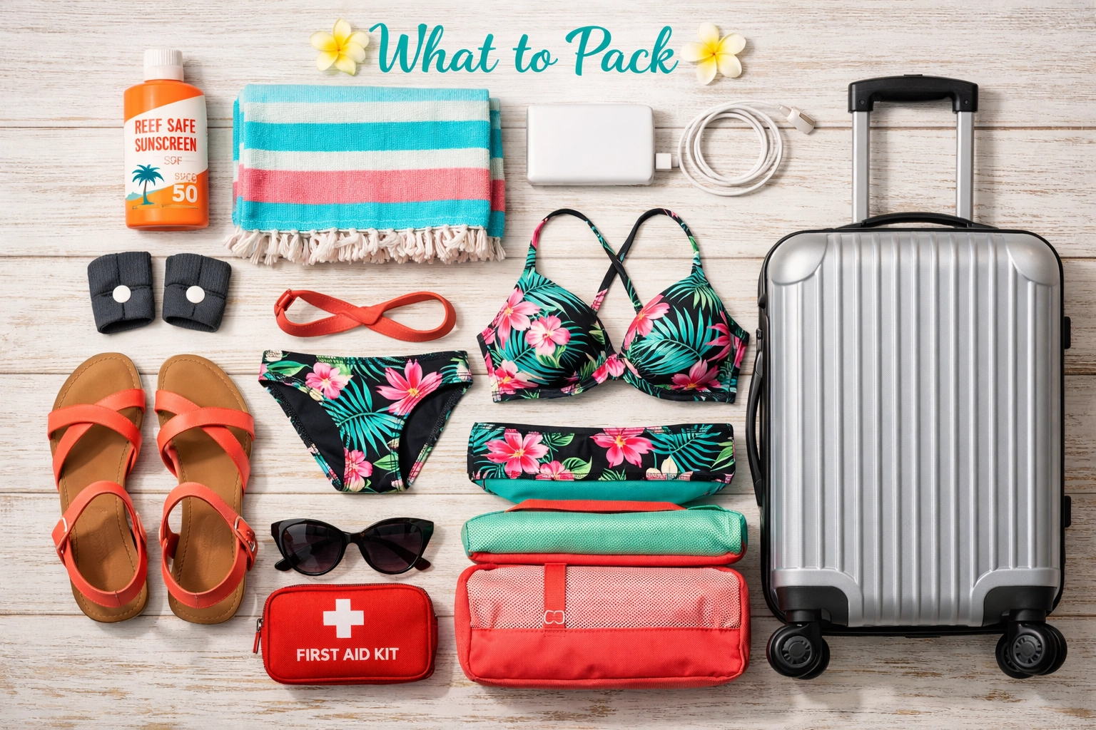 Essential packing items for tropical vacation including sunscreen, towel, and beach accessories