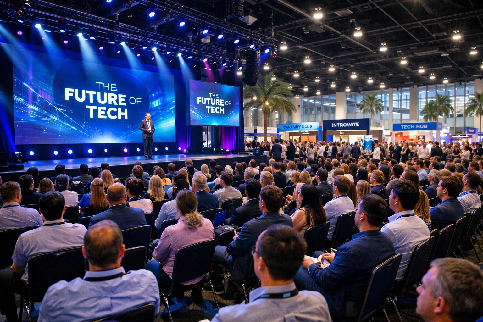 Wide shot of a professional corporate conference and trade show inside a Miami convention center.