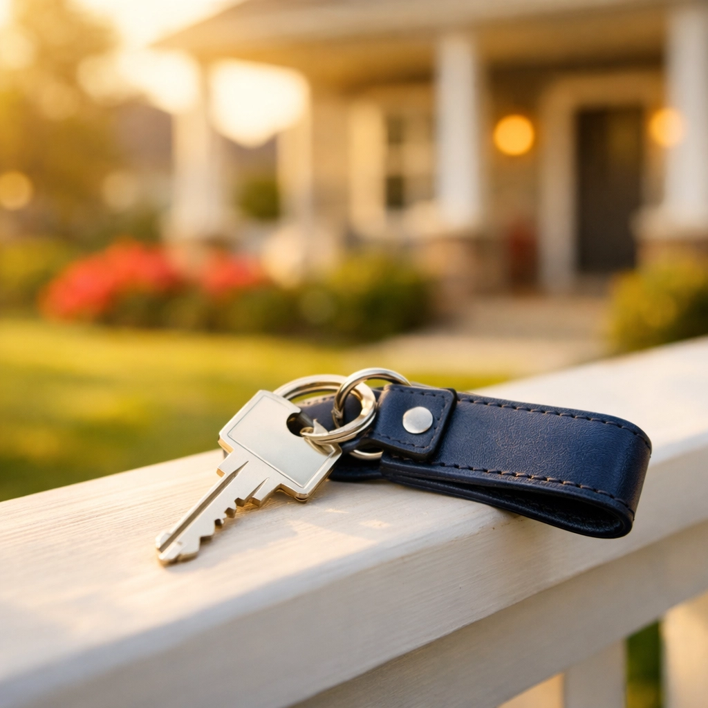 A house key in front of a Texas suburban home showing the rewards of fixing and building credit.