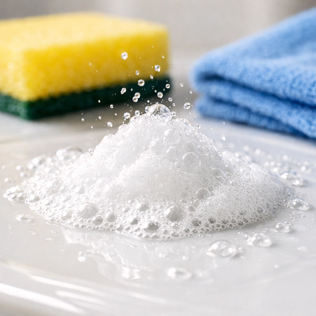 Close-up of vinegar and baking soda fizzing on a white surface for powerful, eco-friendly deep cleaning.