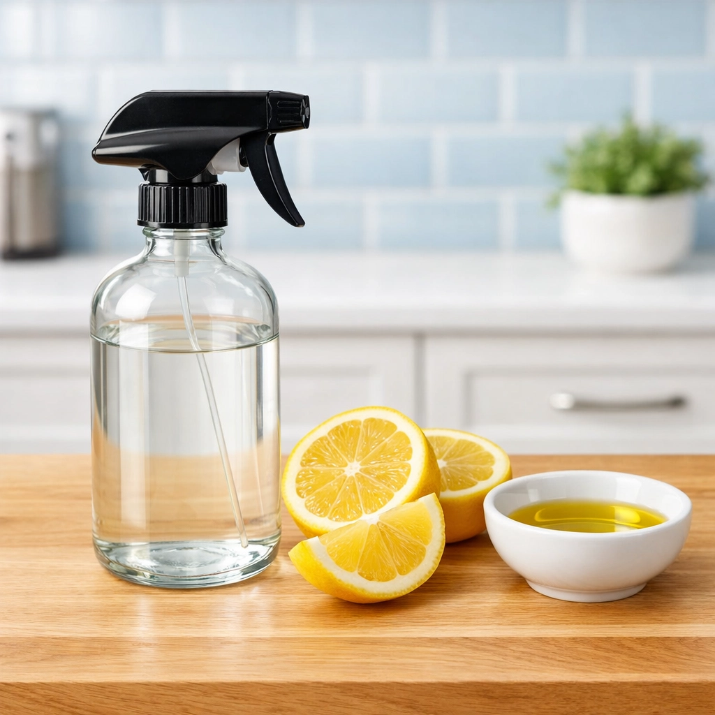 Eco-friendly lemon and olive oil wood polish spray ingredients on a clean kitchen counter.