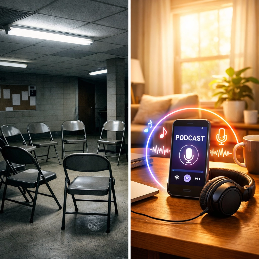 Traditional crossdressing support group space versus modern podcast listening setup