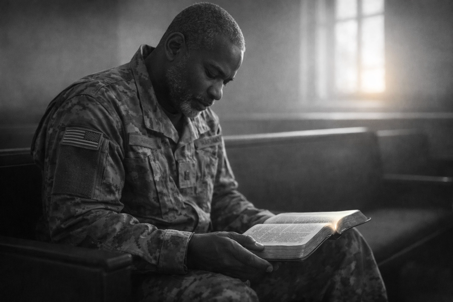 Open Bible on a church pew symbolizing how churches can support Urban Christian Veterans through faith and transition.
