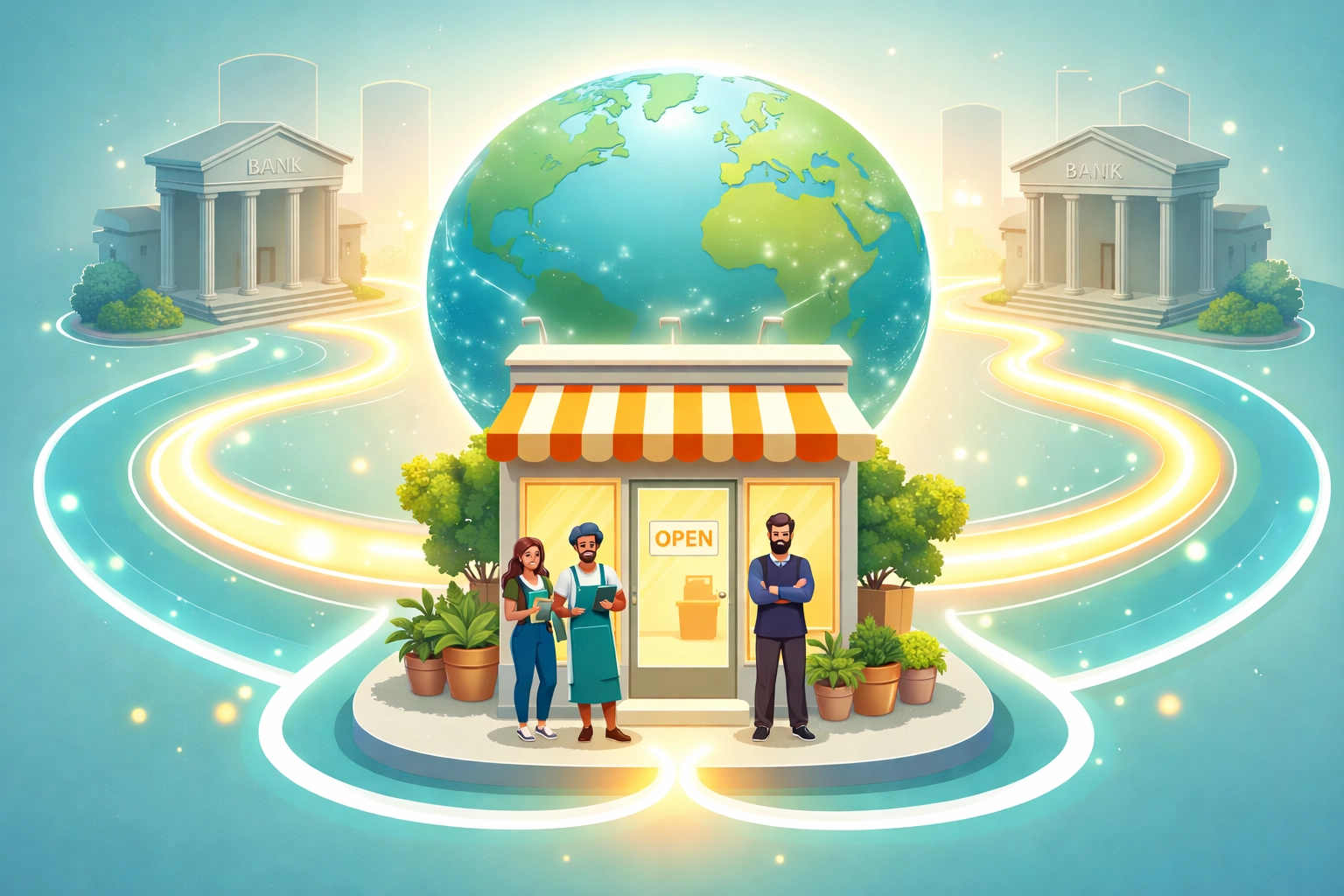 Small business storefronts with global connections highlight LUSD stablecoin accessibility and easy merchant adoption.