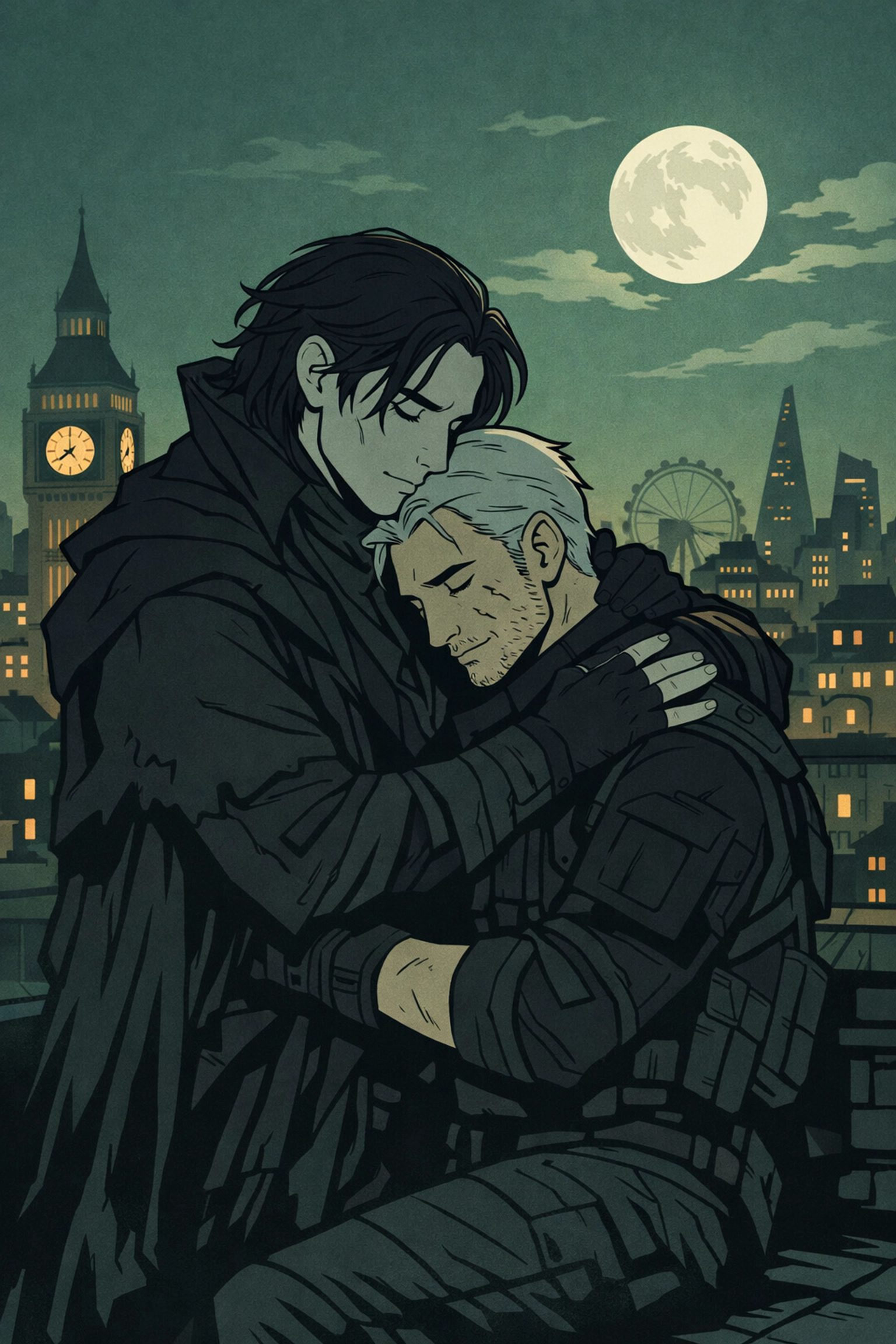 MM romance embrace between vampire Sebastian and witcher Cade on London rooftop at night