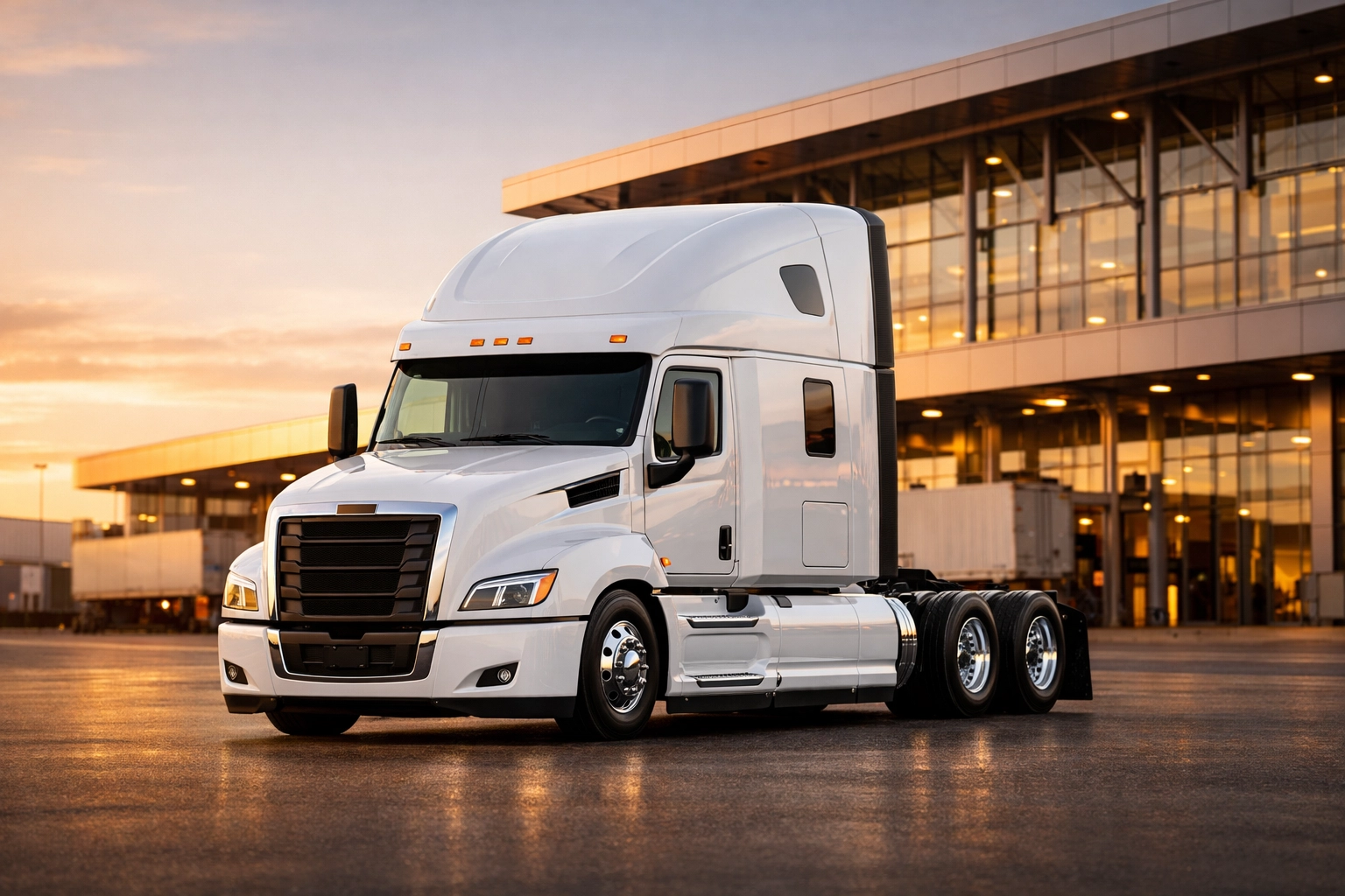 Modern semi-truck cab at a high-tech terminal representing advanced equipment financing for fleets.