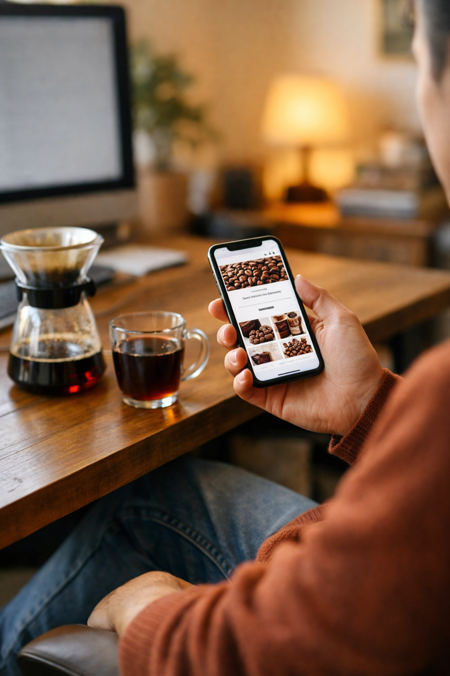 A coffee entrepreneur using a smartphone to manage their online coffee dropshipping UK business in a cozy office.