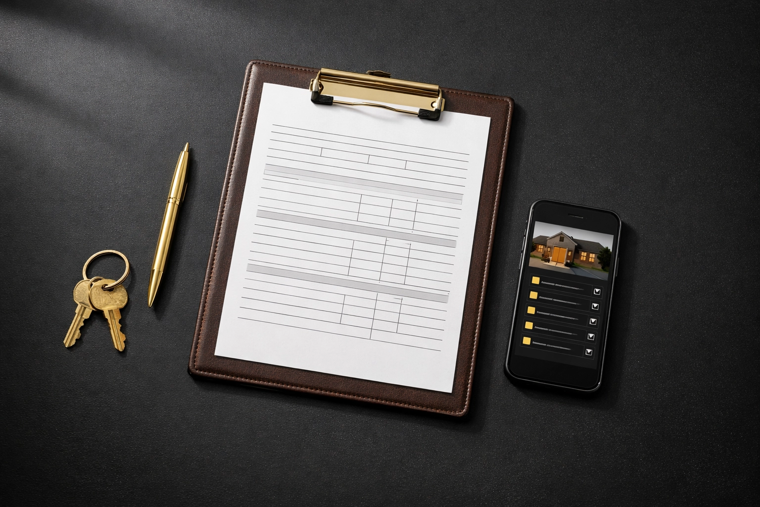 Professional property inspection documentation with clipboard, keys and forms on desk