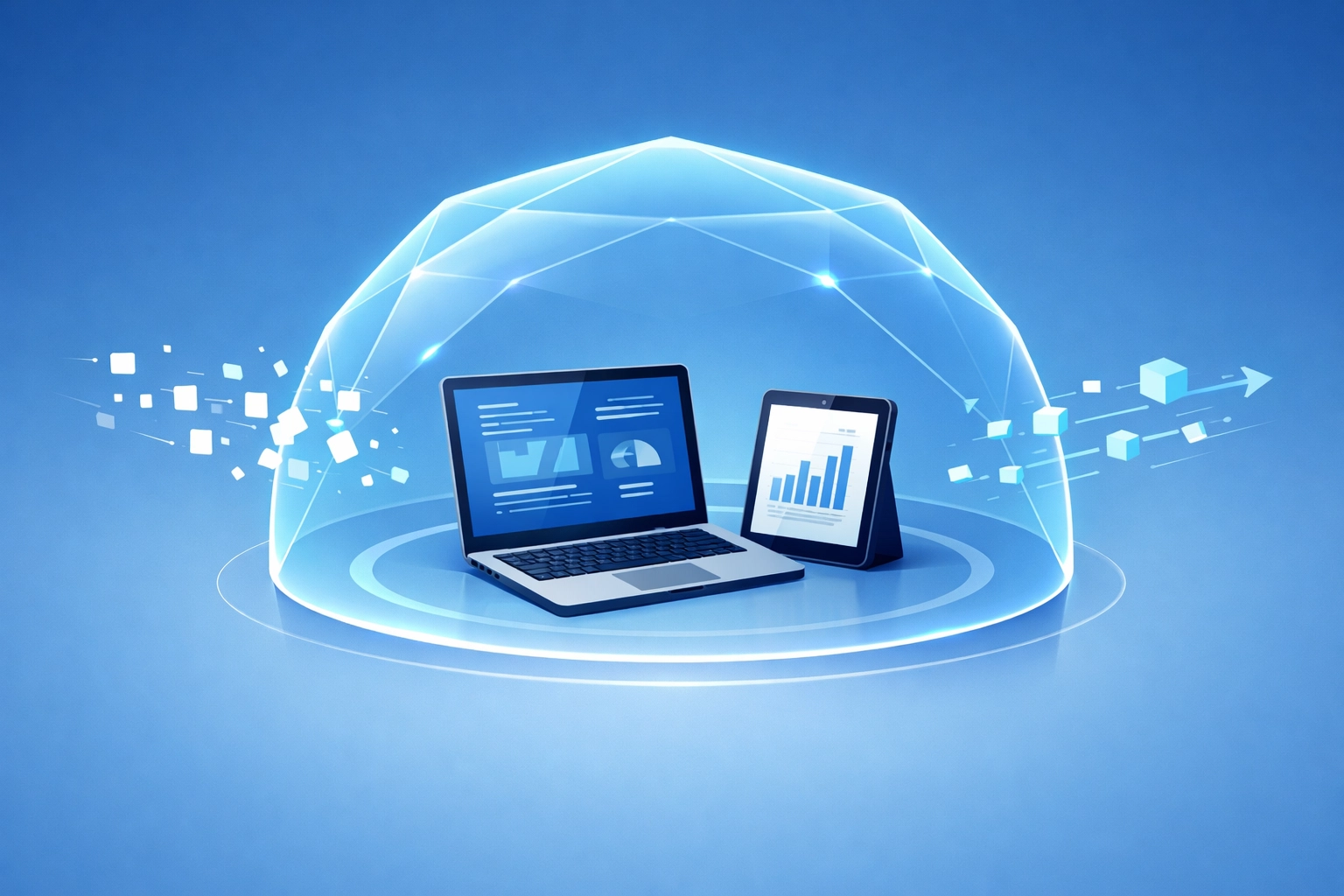 Secure laptop and tablet protected by a digital shield for remote team cybersecurity and EDR.